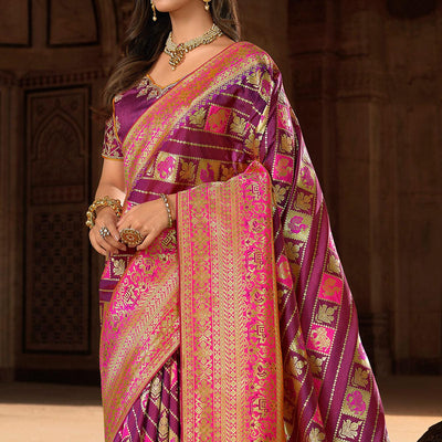 Magenta Pink Woven Banarasi Silk Saree With Tassels