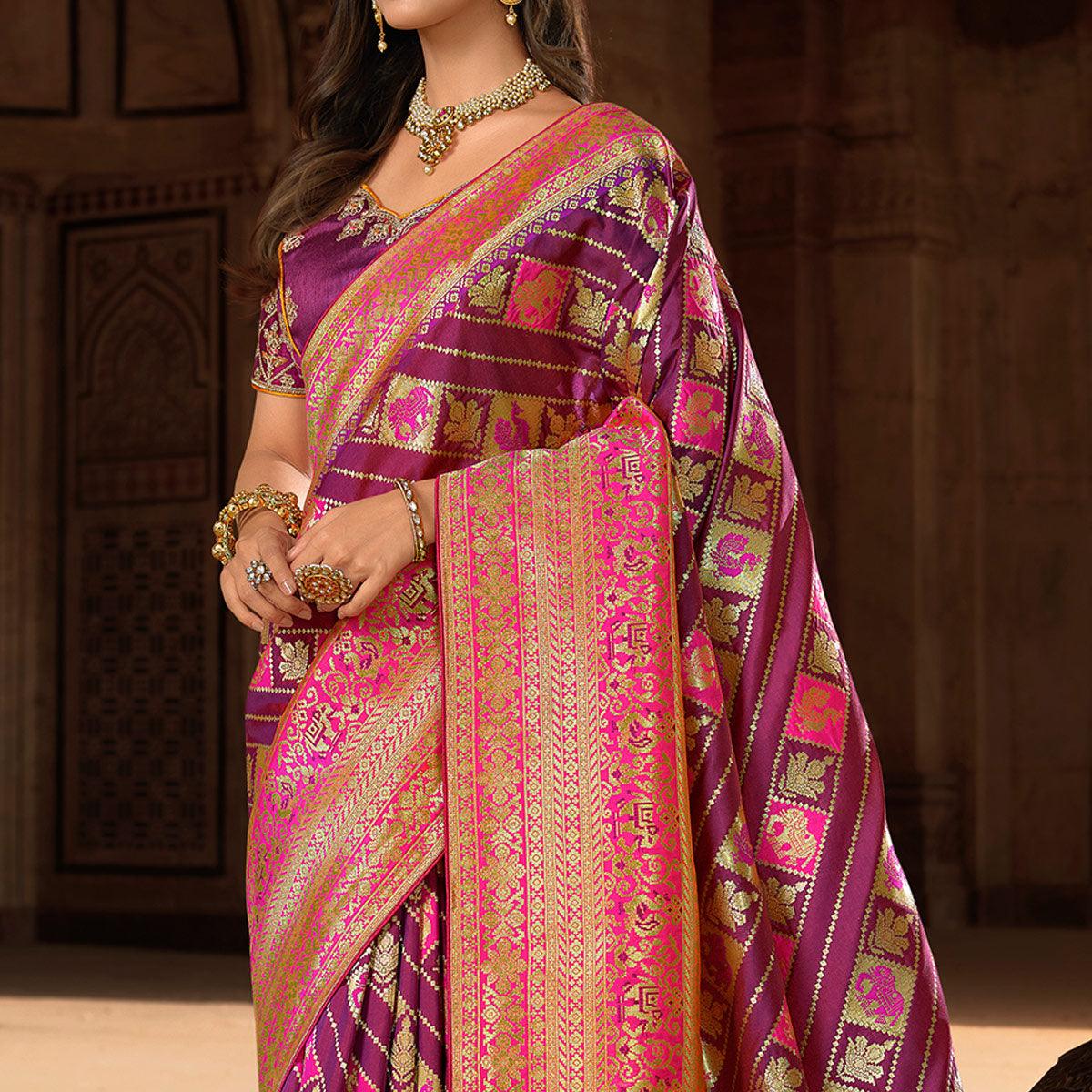 Magenta Pink Woven Banarasi Silk Saree With Tassels