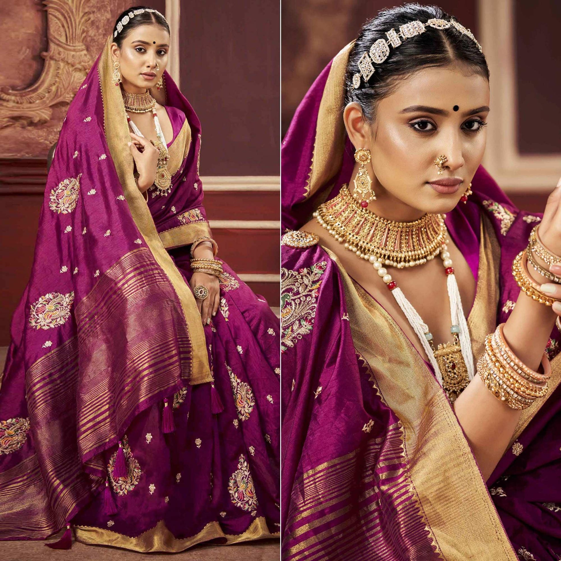 Magenta Pink Woven-Embroidered Raw Silk Saree With Tassels