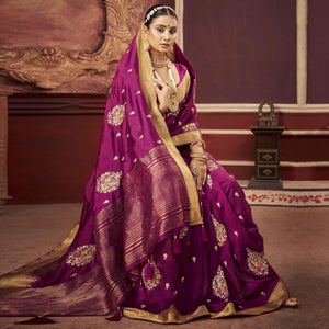 Magenta Pink Woven-Embroidered Raw Silk Saree With Tassels