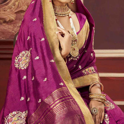 Magenta Pink Woven-Embroidered Raw Silk Saree With Tassels