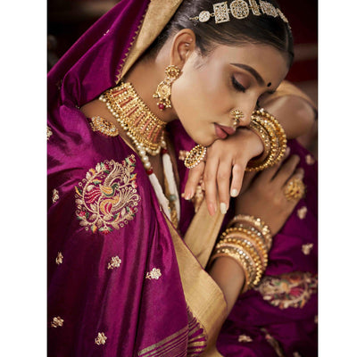 Magenta Pink Woven-Embroidered Raw Silk Saree With Tassels