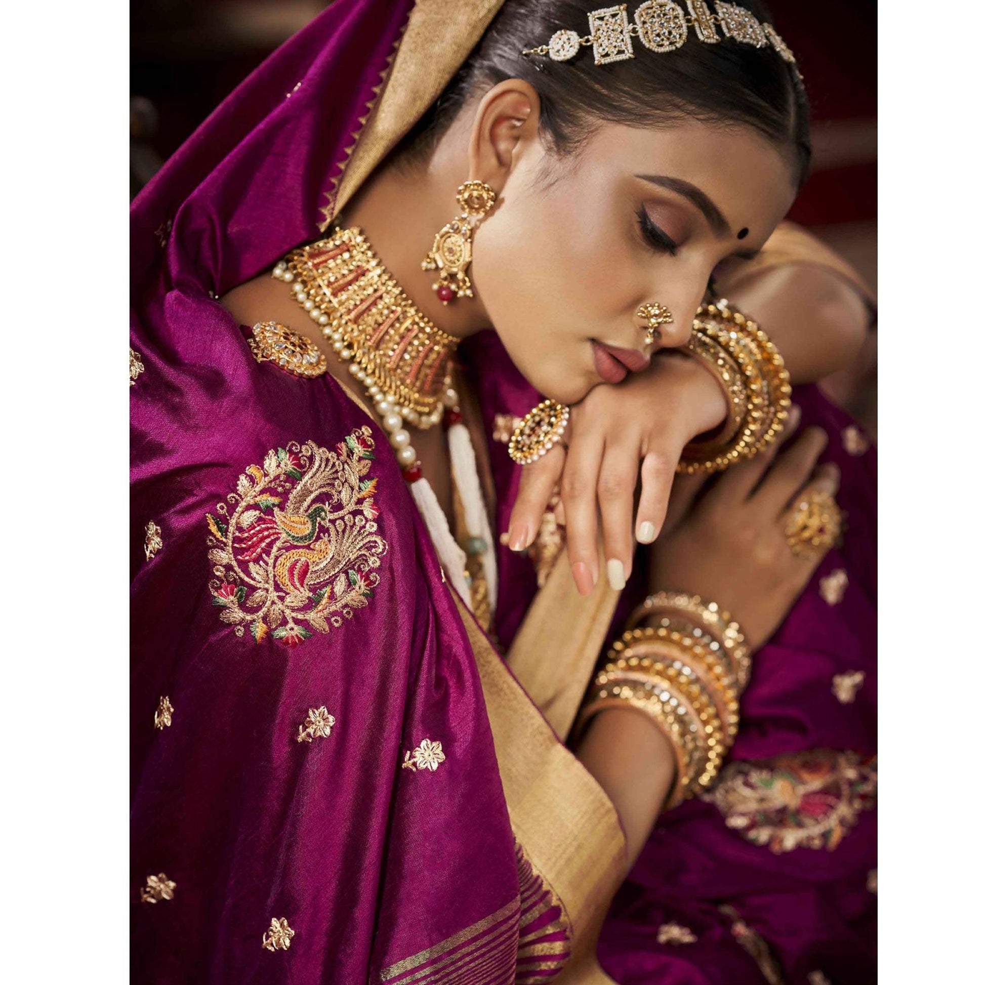 Magenta Pink Woven-Embroidered Raw Silk Saree With Tassels