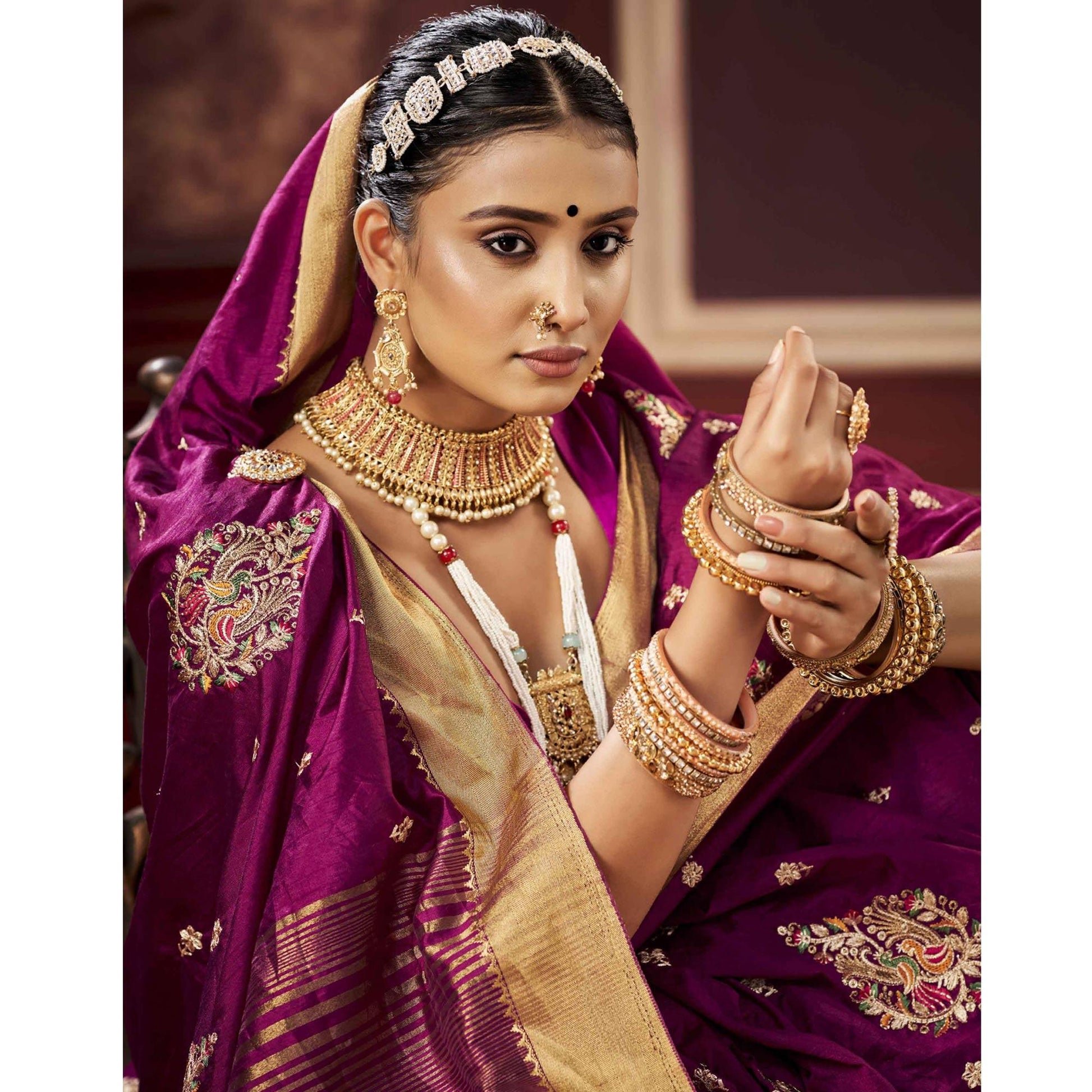 Magenta Pink Woven-Embroidered Raw Silk Saree With Tassels