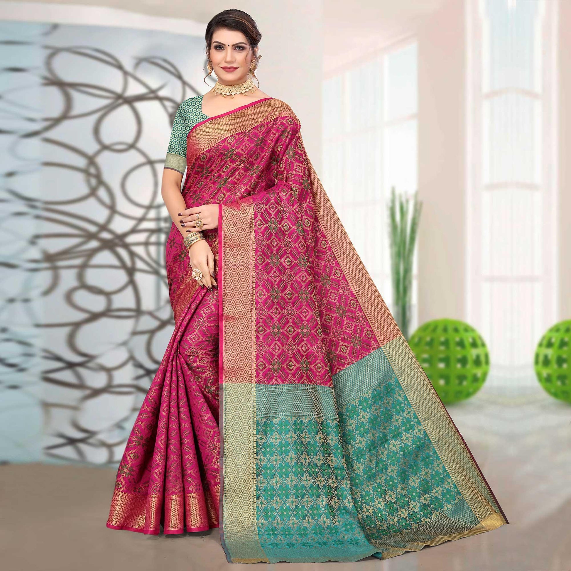 Magenta Pink Woven Jacquard Saree