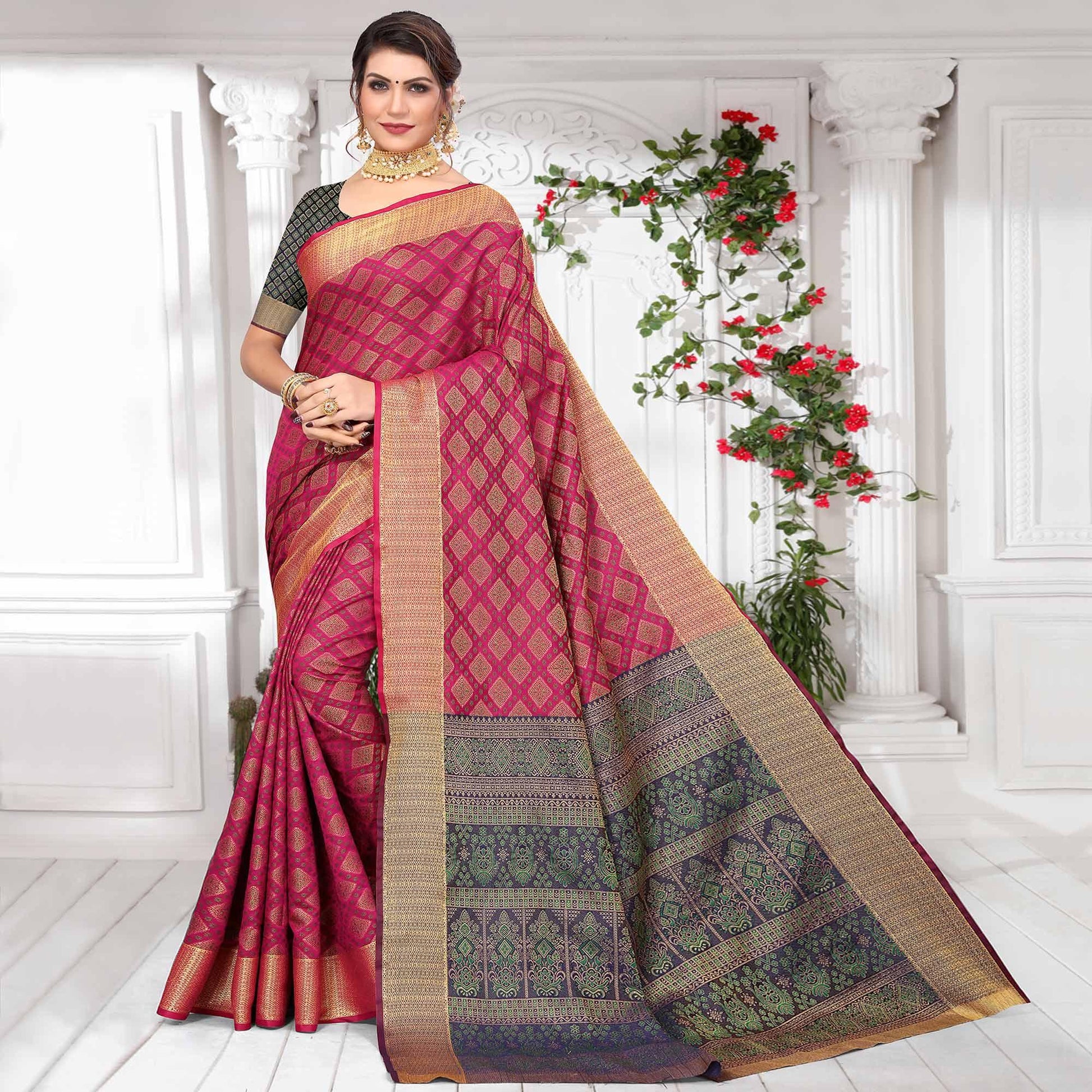 Magenta Pink Woven Jacquard Saree
