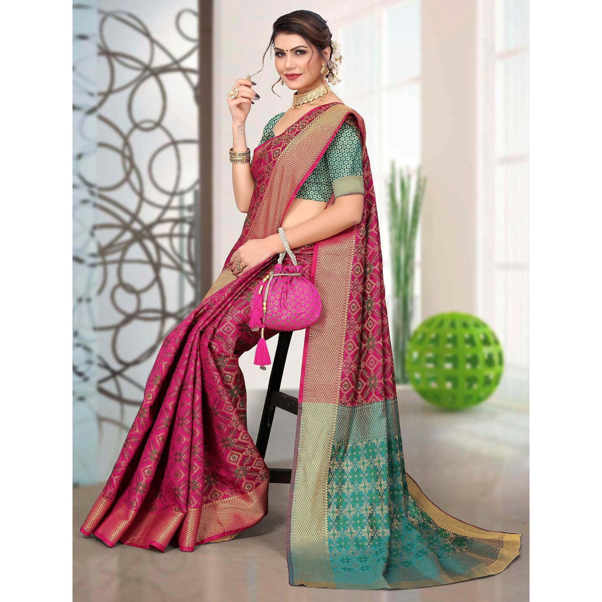 Magenta Pink Woven Jacquard Saree