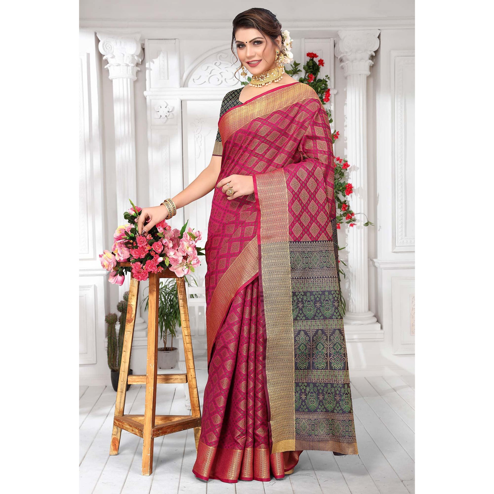 Magenta Pink Woven Jacquard Saree