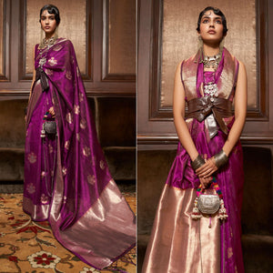 Magenta Pink Woven Pure Silk Saree With Tassels