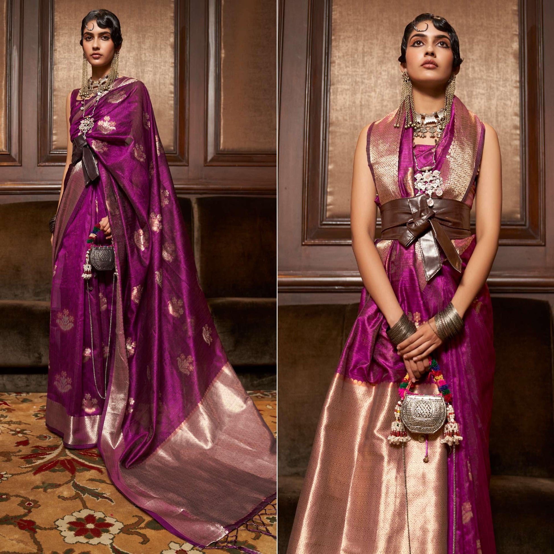 Magenta Pink Woven Pure Silk Saree With Tassels