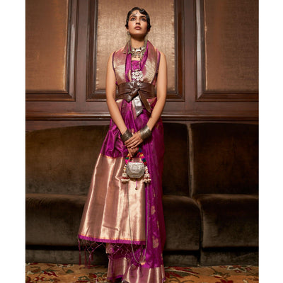 Magenta Pink Woven Pure Silk Saree With Tassels