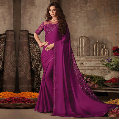 Magenta Purple Floral Sequins Embroidered Art SIlk Saree
