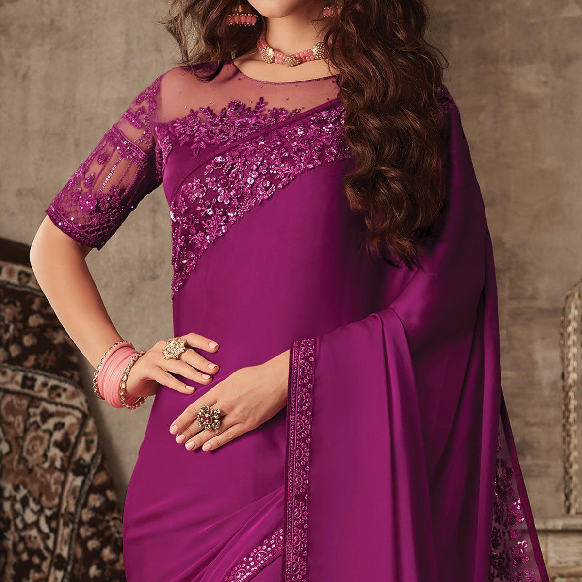 Magenta Purple Floral Sequins Embroidered Art SIlk Saree