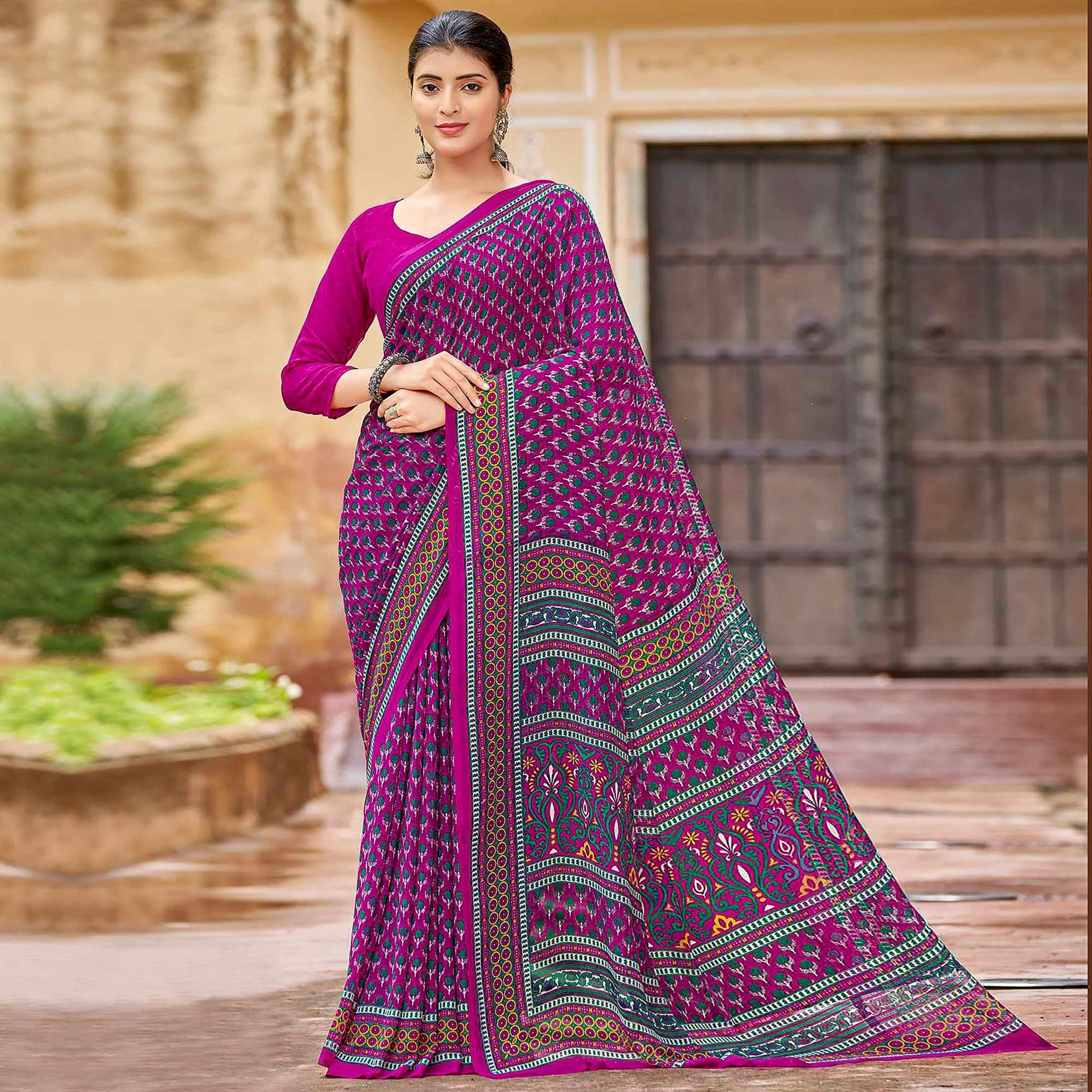 Magenta Purple Printed Georgette Saree