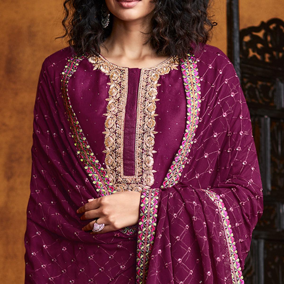 Magenta  Sequins Embroidered Georgette Partywear Suit