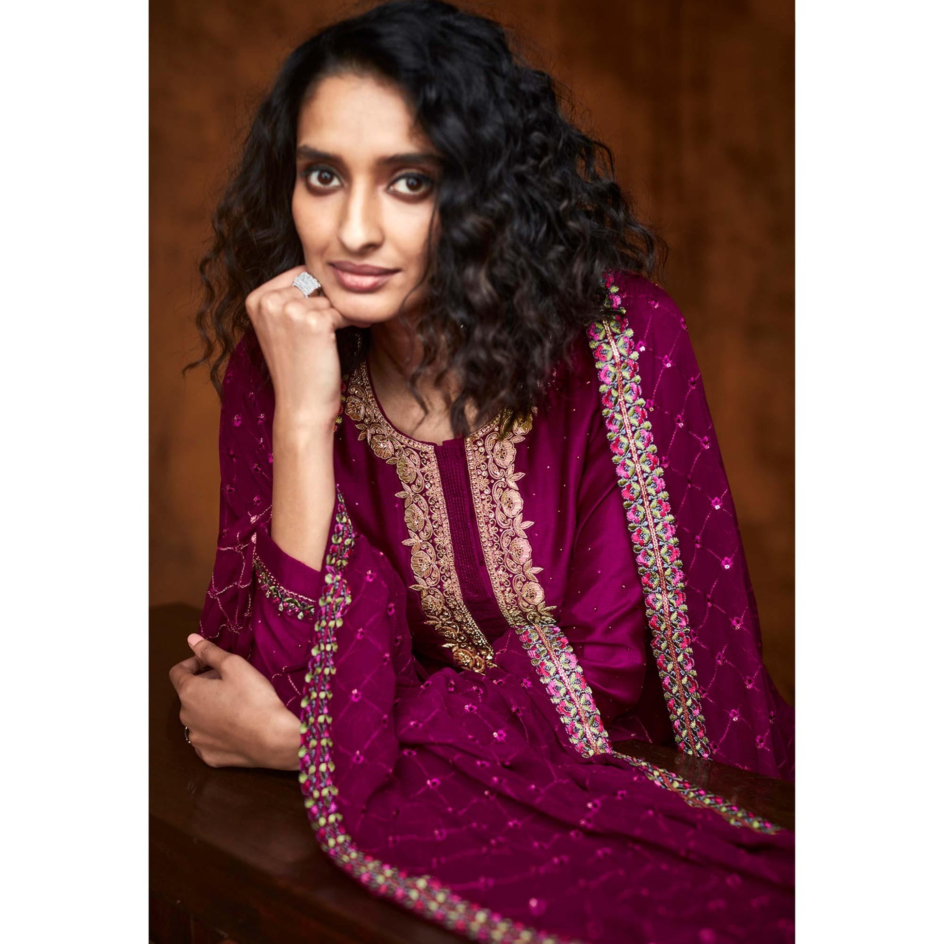 Magenta  Sequins Embroidered Georgette Partywear Suit
