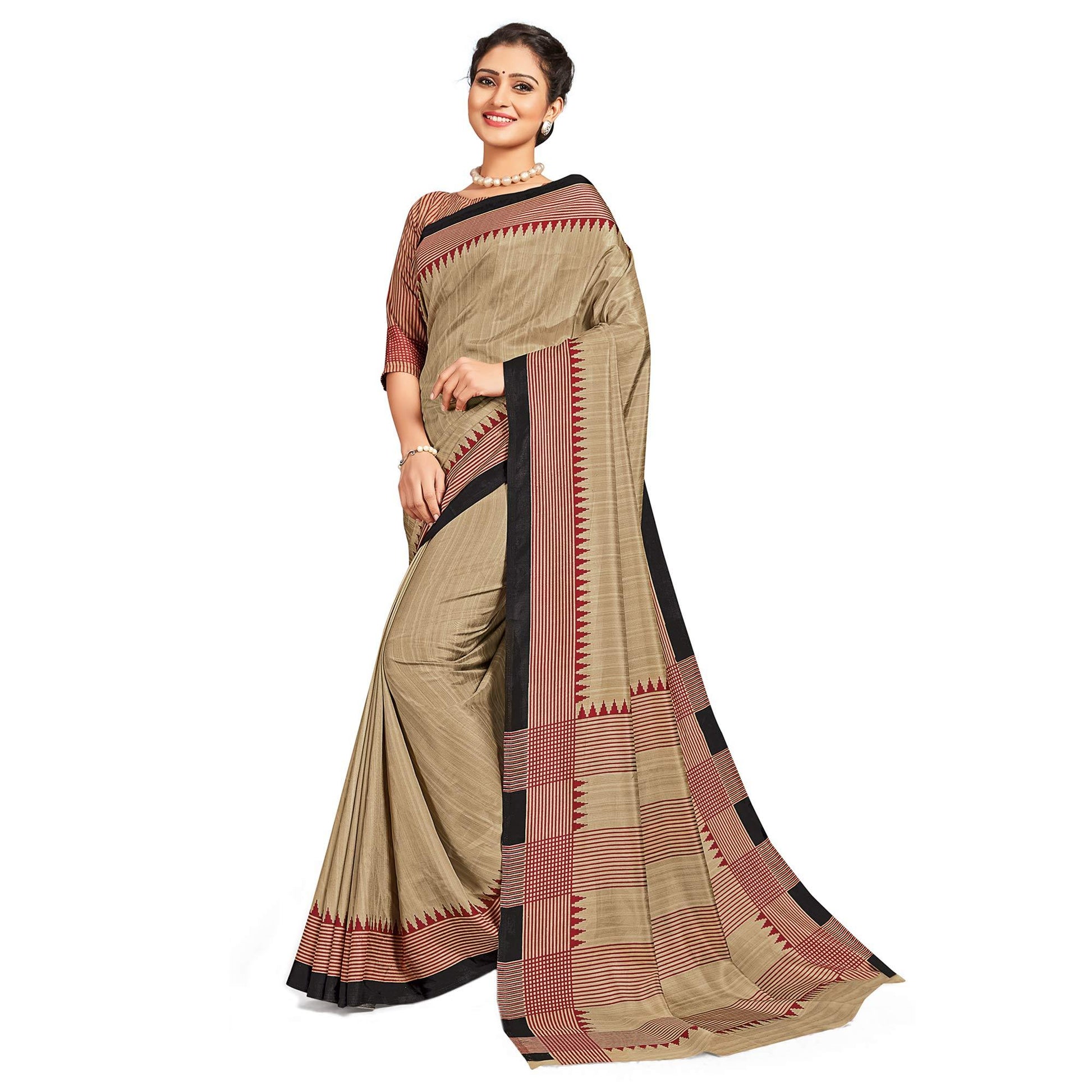 Magnetic Beige-Black Colored Casual Printed Tussar Silk Saree