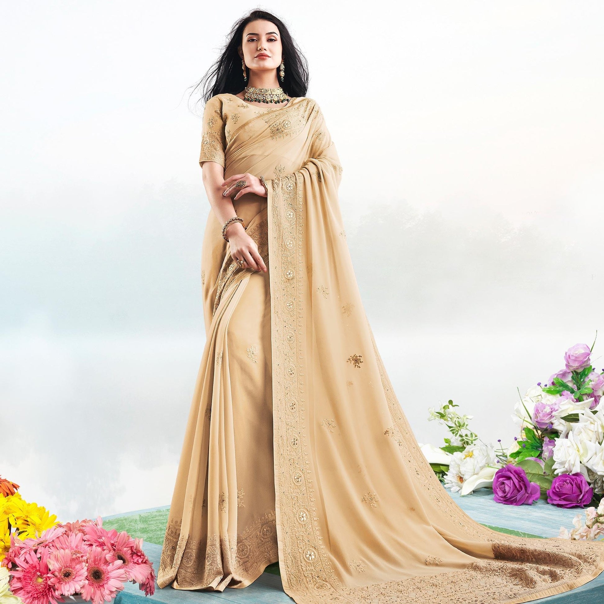 Magnetic Beige Colored Partywear Embroidered Georgette Saree