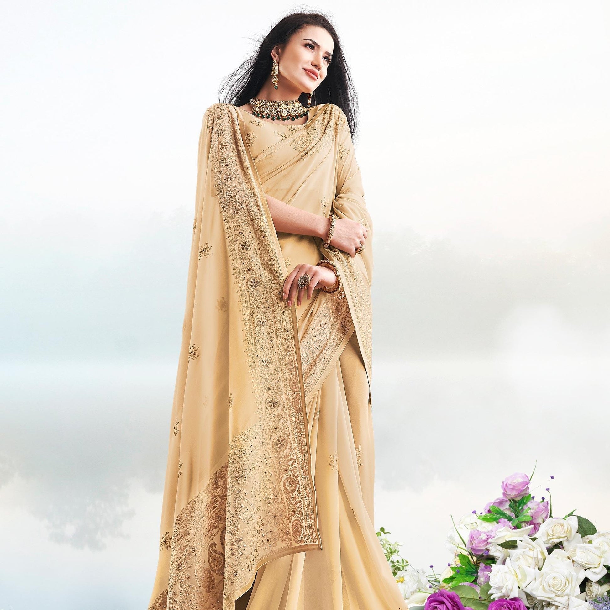 Magnetic Beige Colored Partywear Embroidered Georgette Saree