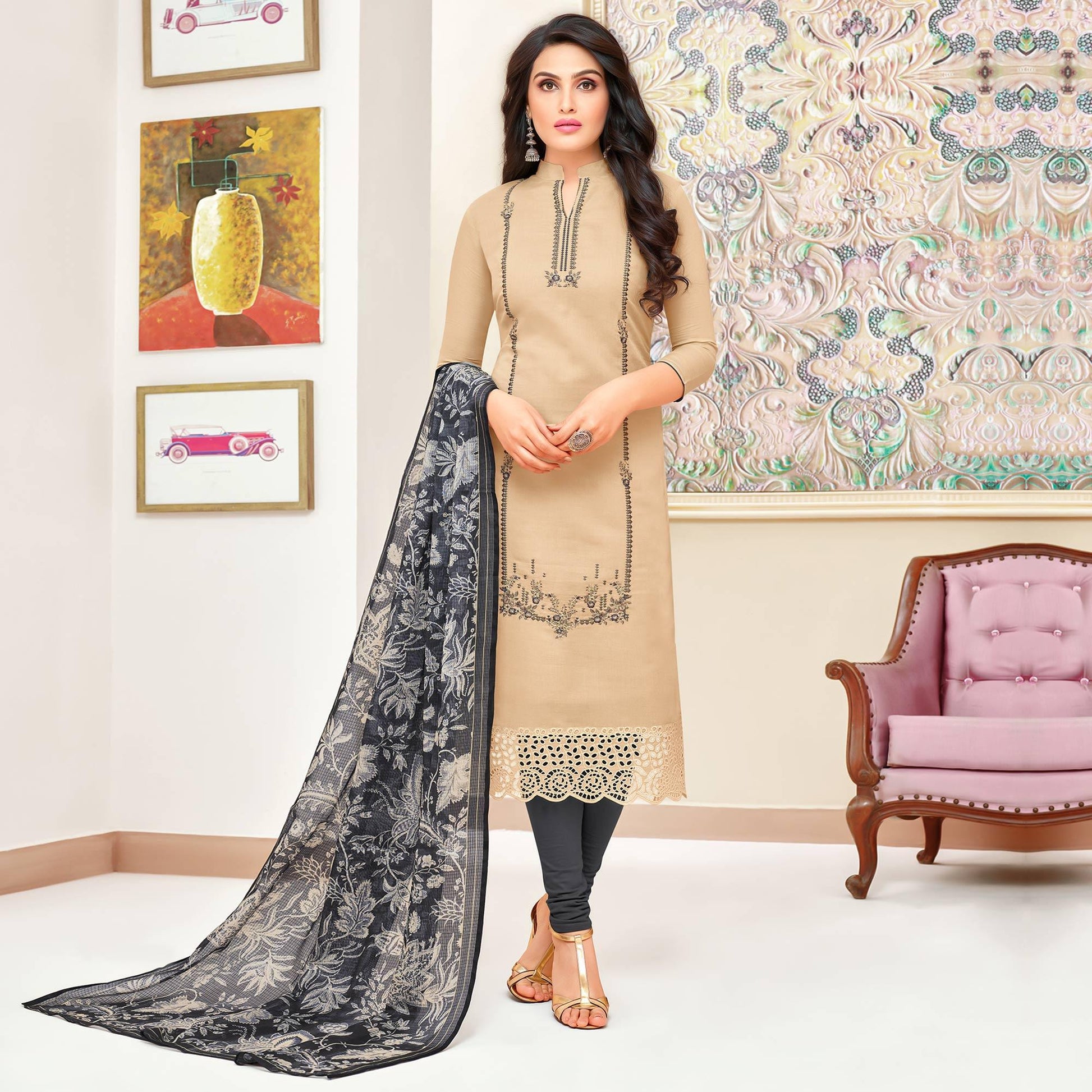 Magnetic Beige Colored Partywear Embroidered Modal Silk Suit