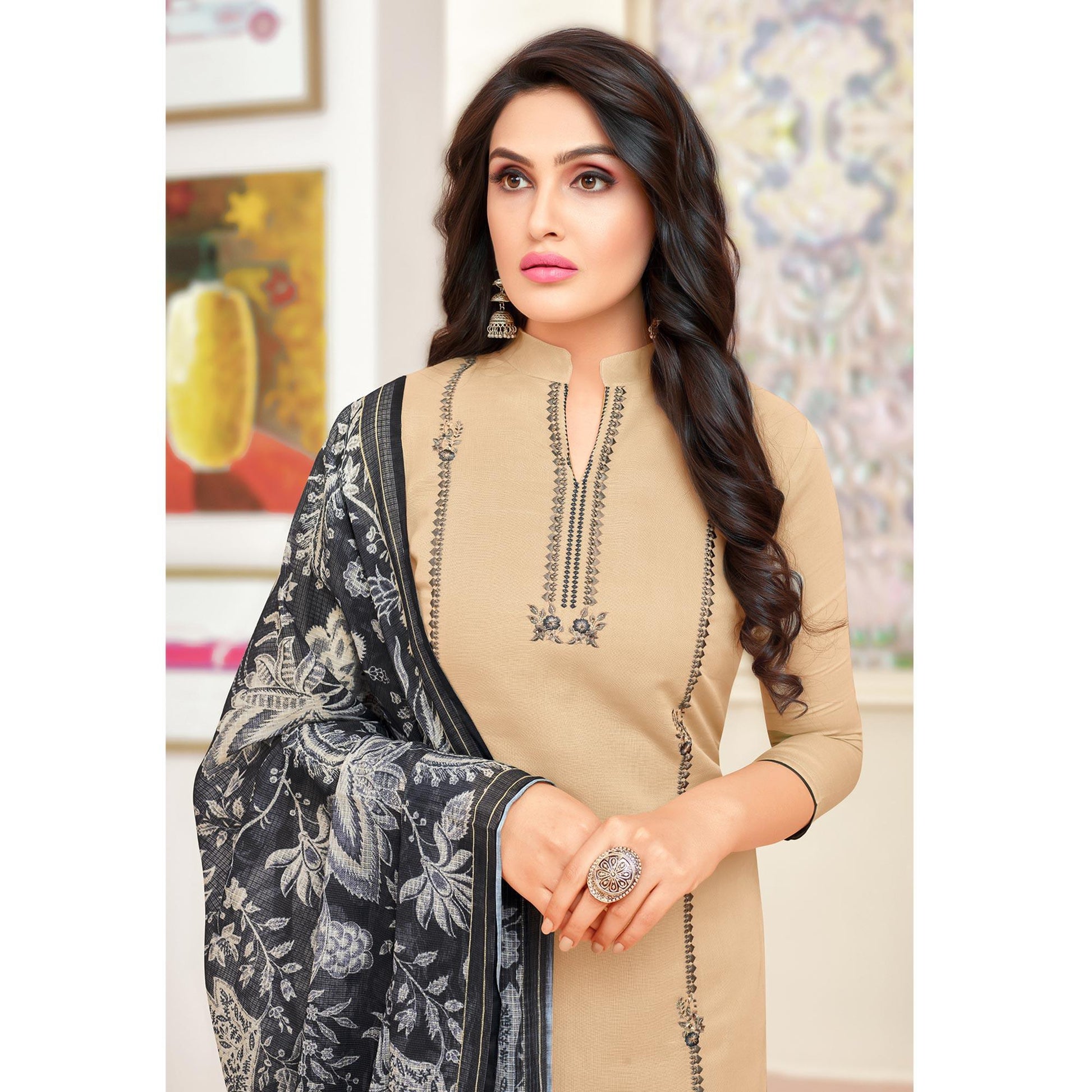 Magnetic Beige Colored Partywear Embroidered Modal Silk Suit