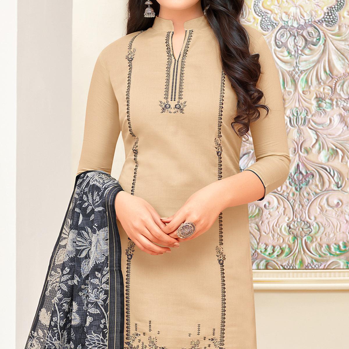 Magnetic Beige Colored Partywear Embroidered Modal Silk Suit