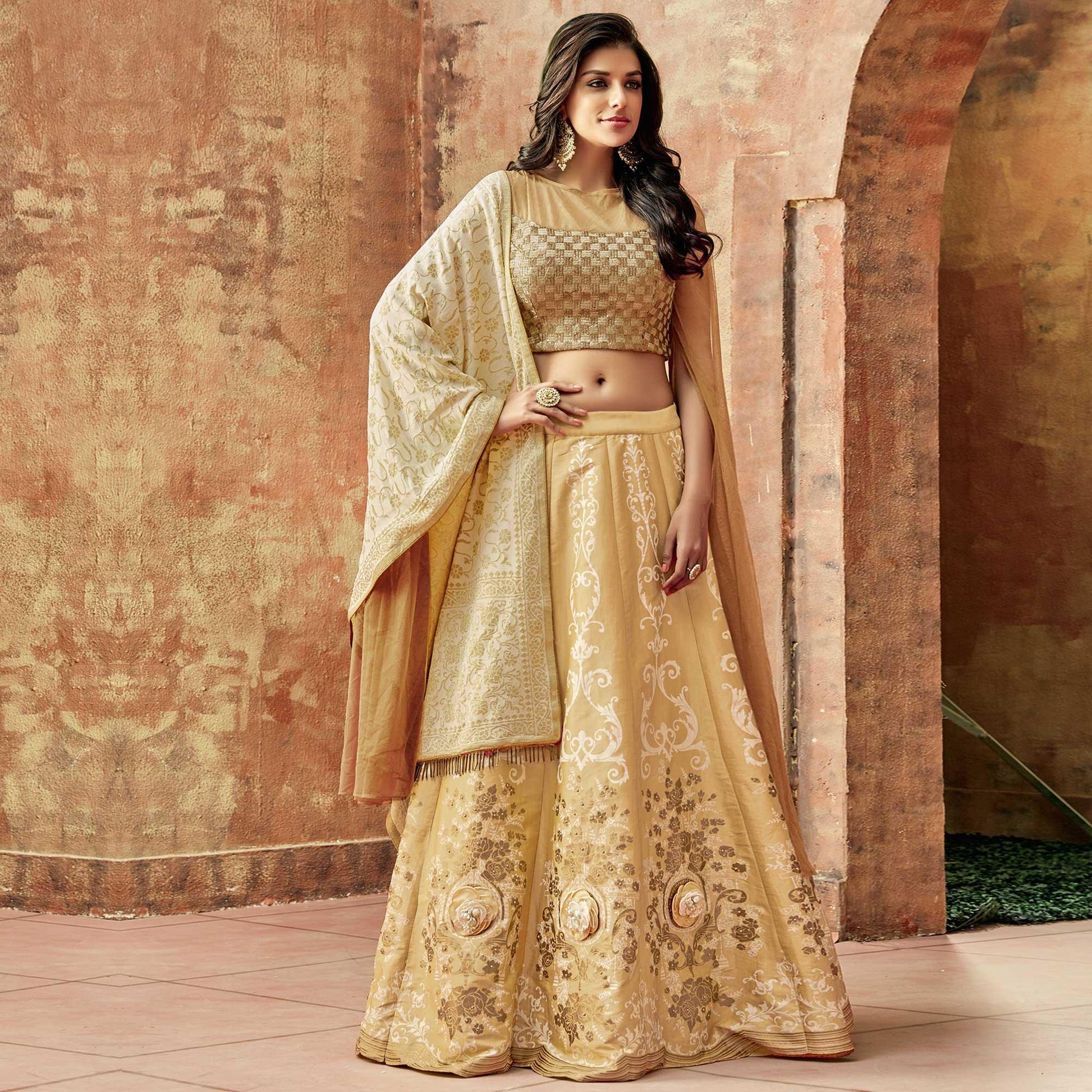 Magnetic Beige Colored Partywear Embroidered Silk Lehenga Choli