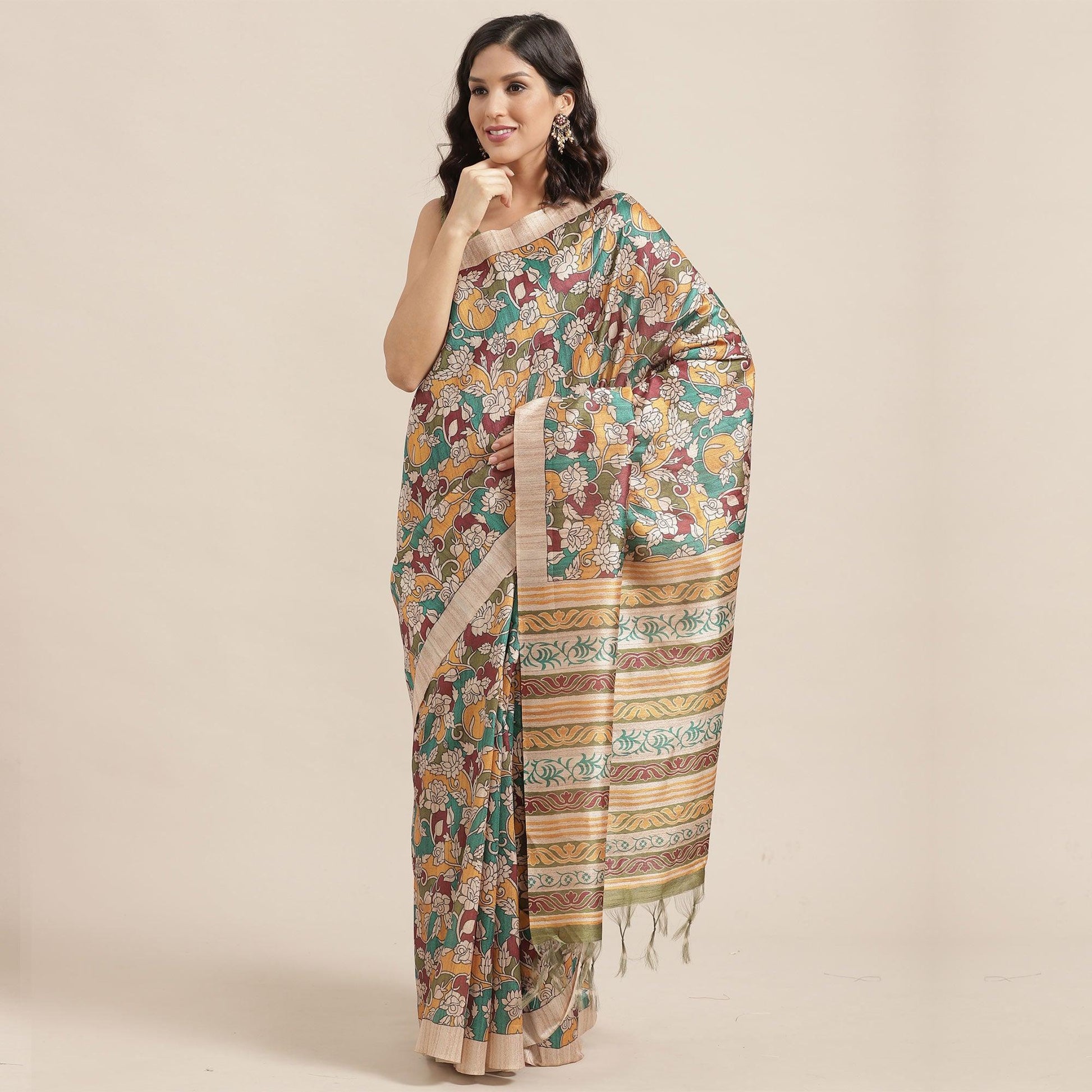 Magnetic Beige-Multi Colored Casual Wear Floral Printed Silk Blend Saree With Tassels