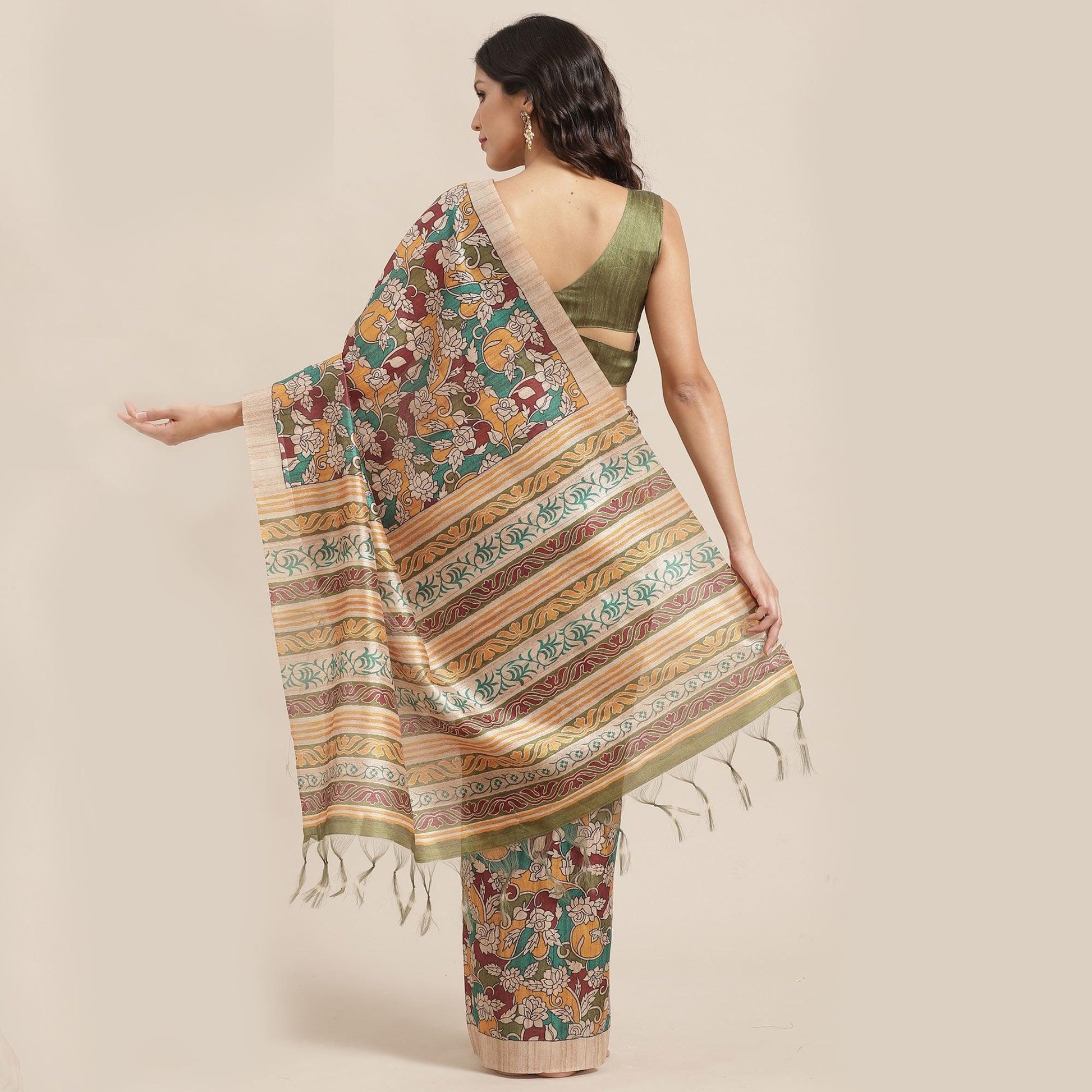 Magnetic Beige-Multi Colored Casual Wear Floral Printed Silk Blend Saree With Tassels