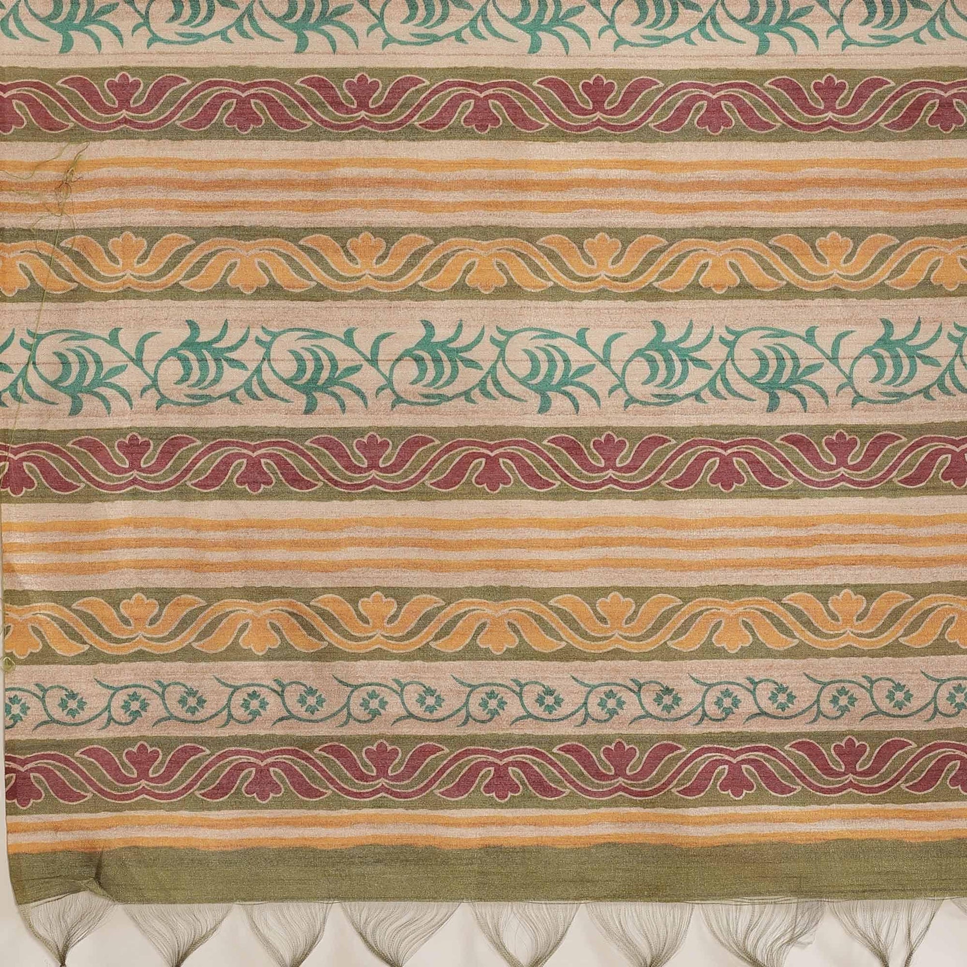 Magnetic Beige-Multi Colored Casual Wear Floral Printed Silk Blend Saree With Tassels
