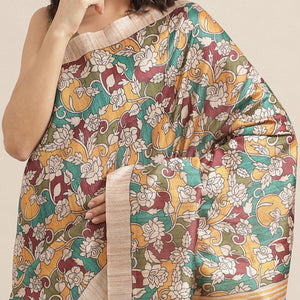 Magnetic Beige-Multi Colored Casual Wear Floral Printed Silk Blend Saree With Tassels