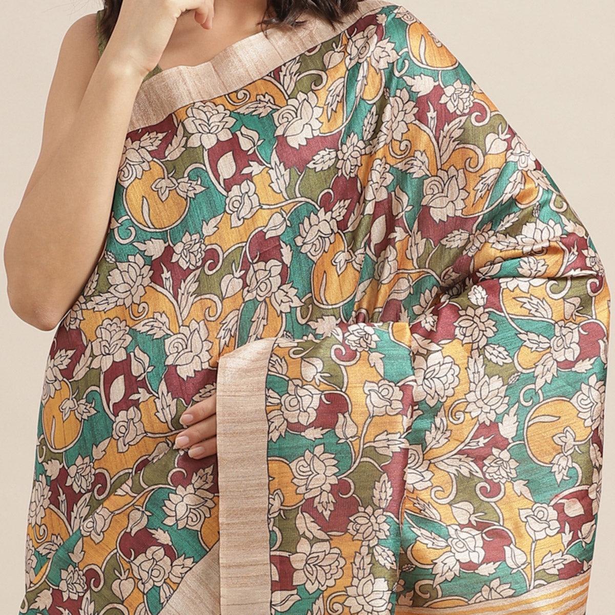 Magnetic Beige-Multi Colored Casual Wear Floral Printed Silk Blend Saree With Tassels