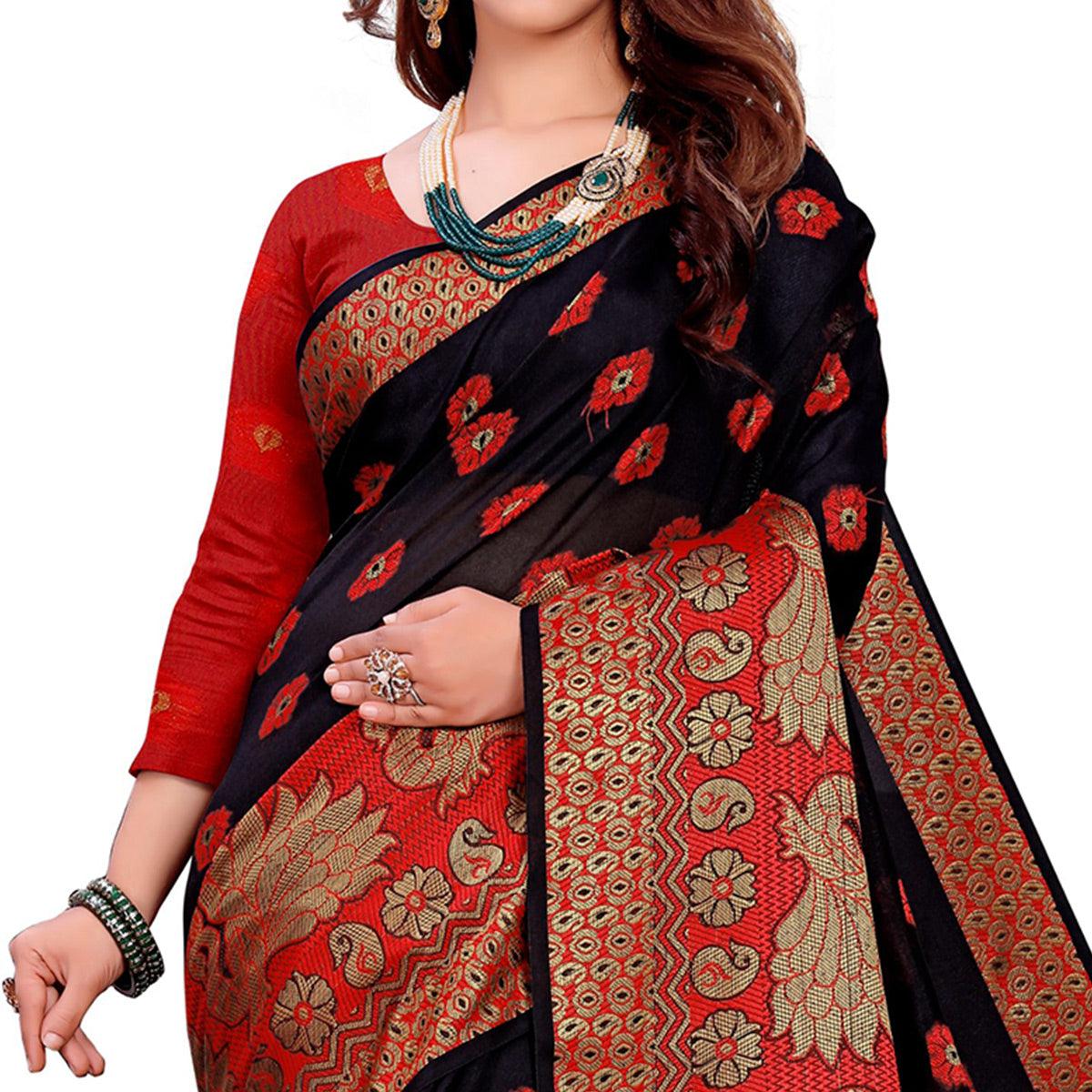 Magnetic Black Colored Festive Wear Woven Art Silk Saree