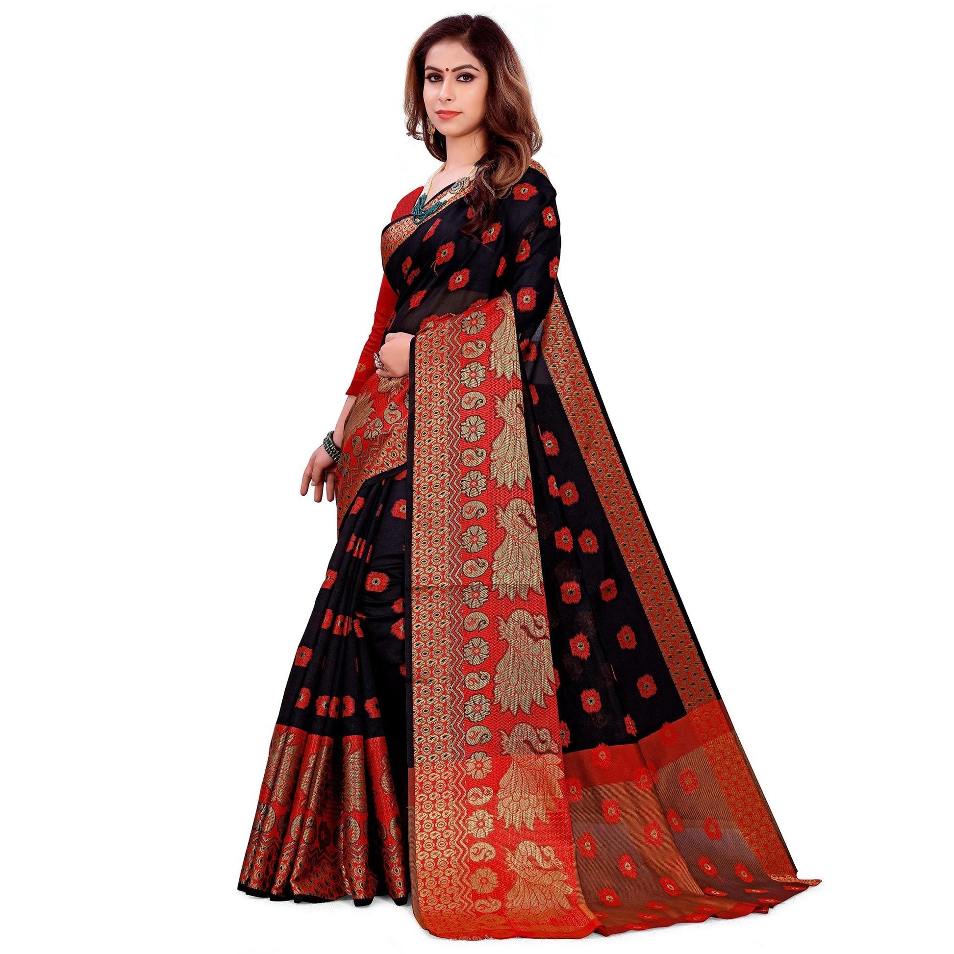 Magnetic Black Colored Festive Wear Woven Art Silk Saree