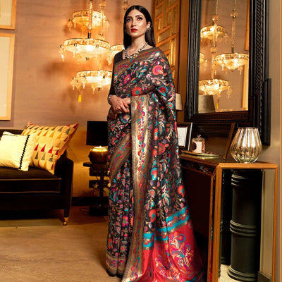Magnetic Black Colored Festive Wear Woven Chanderi Saree