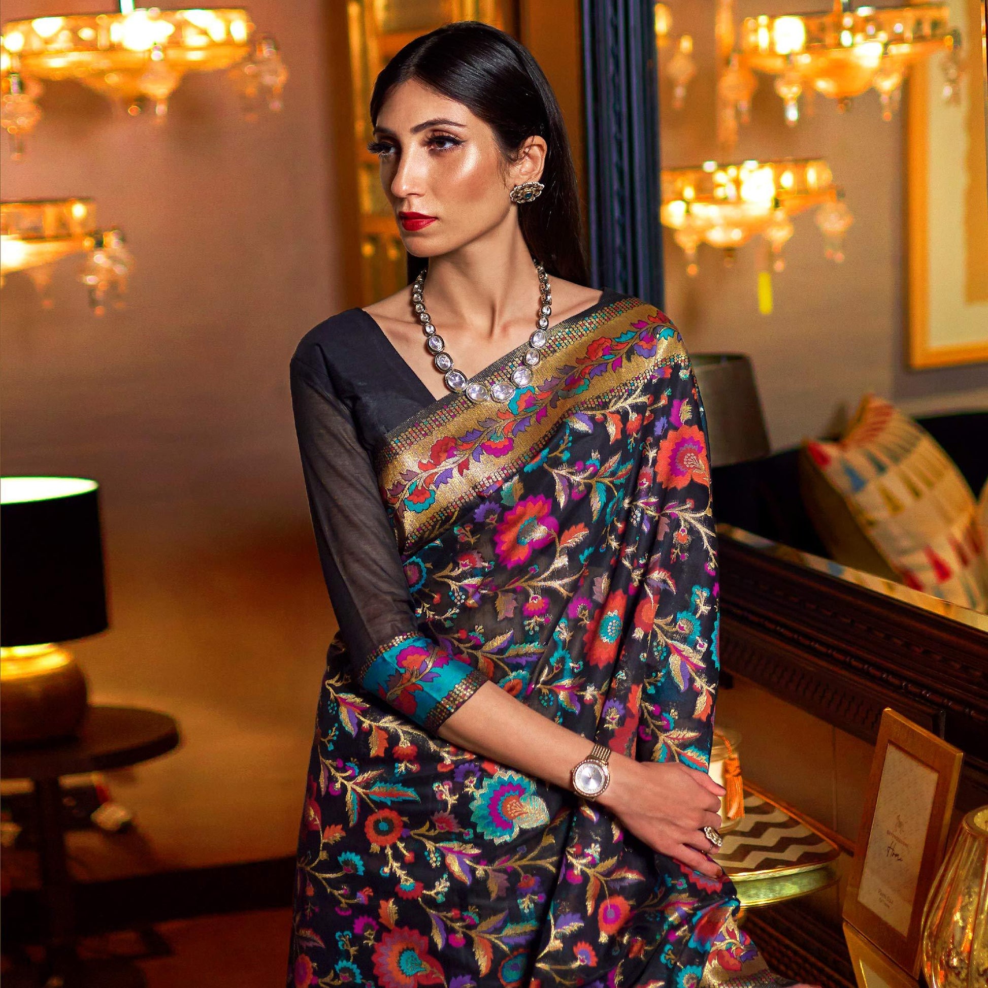 Magnetic Black Colored Festive Wear Woven Chanderi Saree