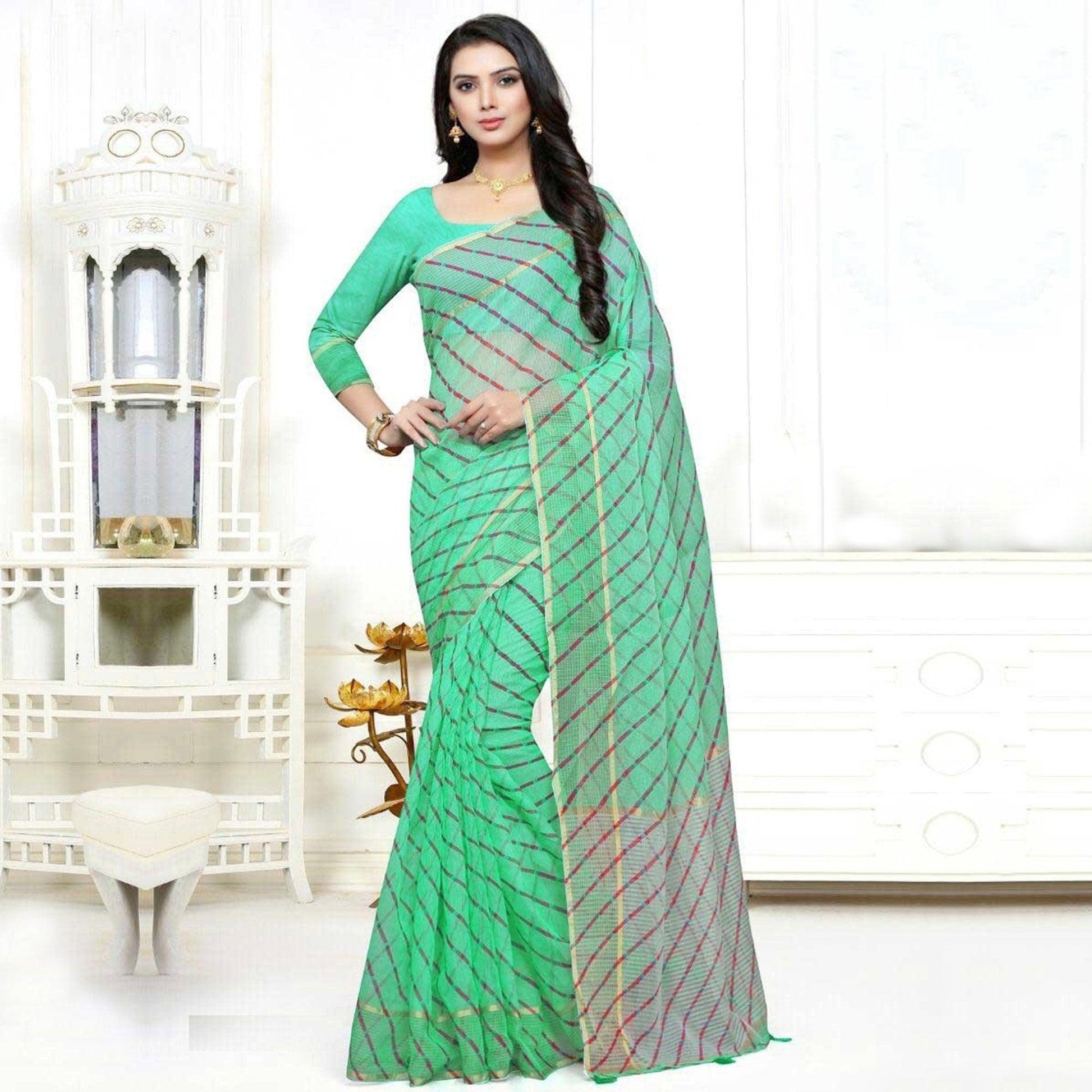 Magnetic Blue Colored Casual Wear Stripe Printed Silk Saree With Tassels