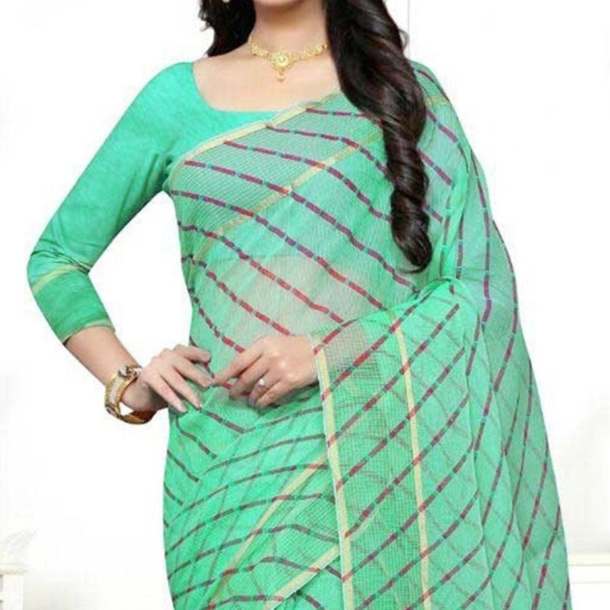 Magnetic Blue Colored Casual Wear Stripe Printed Silk Saree With Tassels