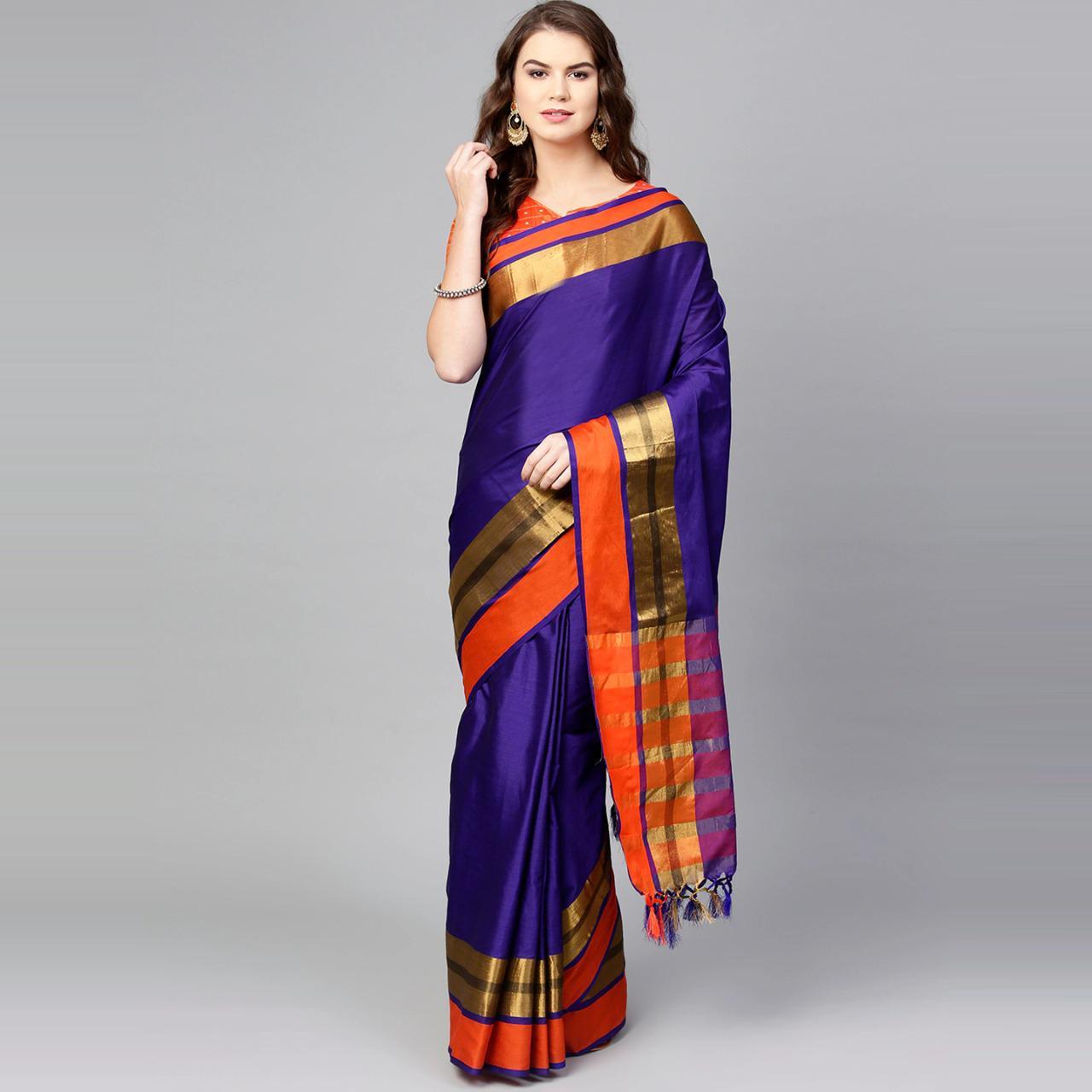 Magnetic Blue Colored Festive Wear Woven Cotton Silk Saree