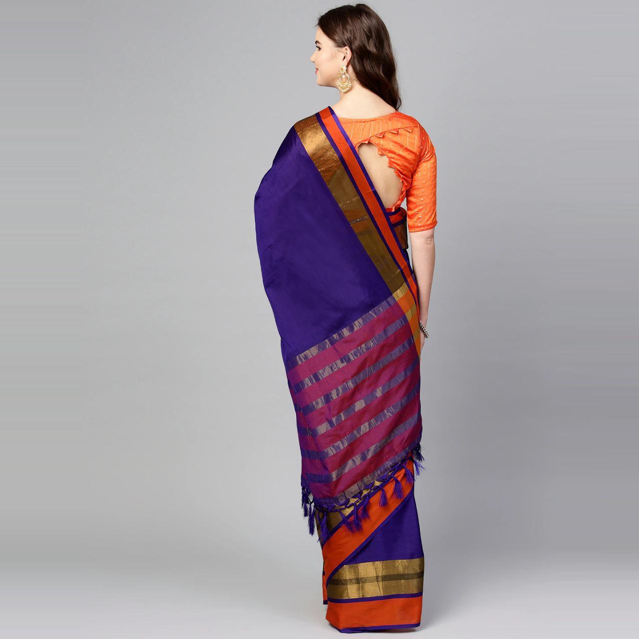 Magnetic Blue Colored Festive Wear Woven Cotton Silk Saree