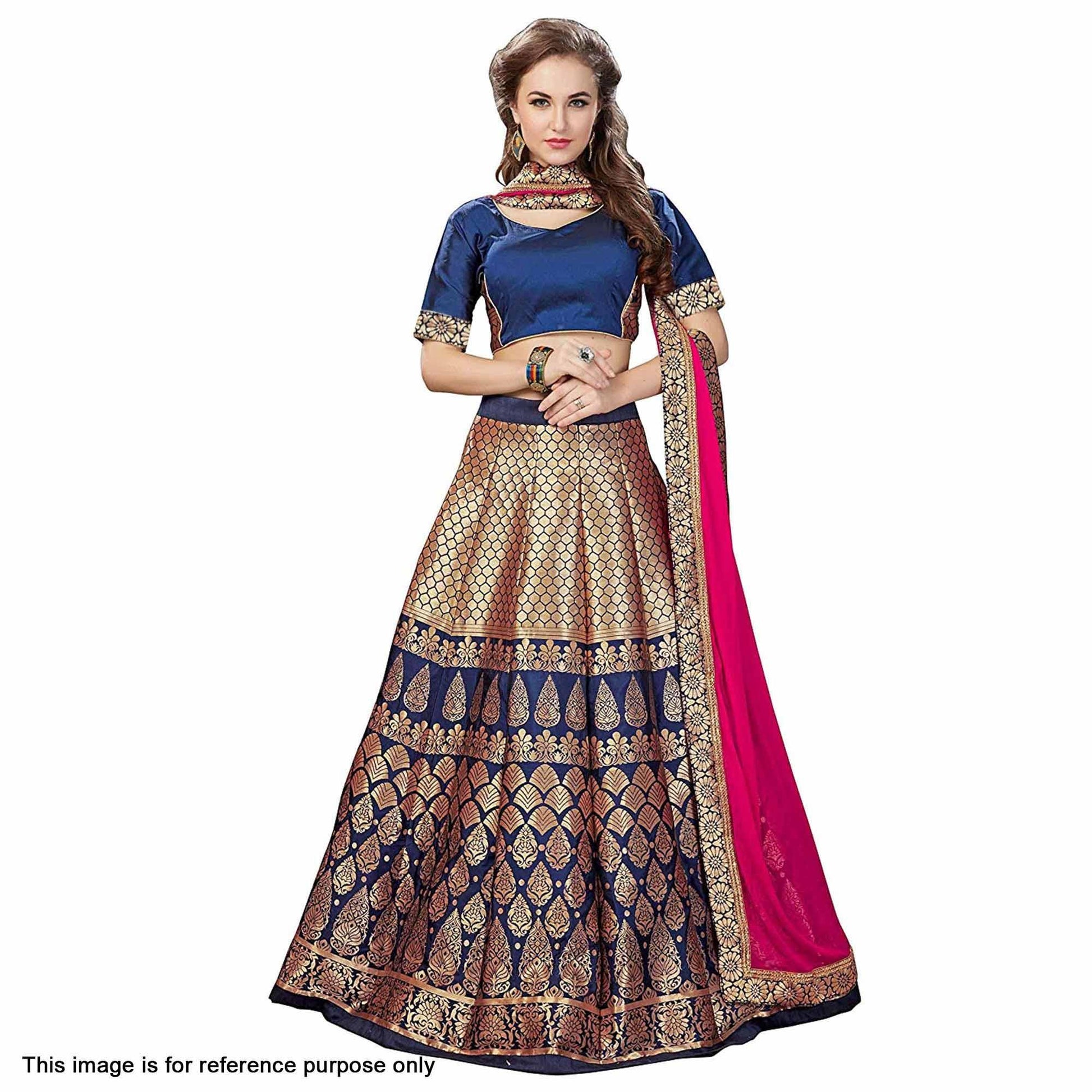 Magnetic Blue Colored Partywear Woven Banarasi Silk Jacquard Lehenga Choli