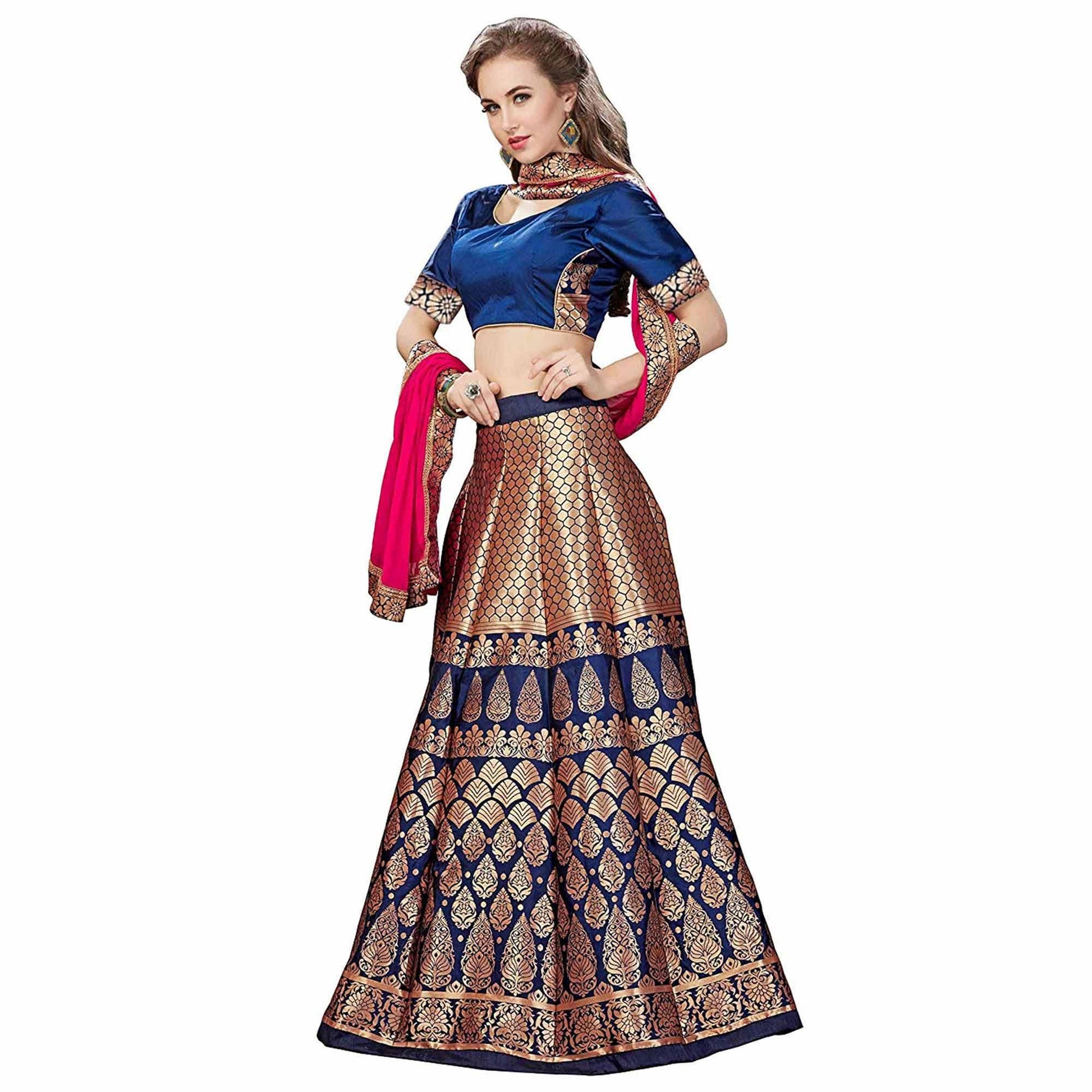 Magnetic Blue Colored Partywear Woven Banarasi Silk Jacquard Lehenga Choli