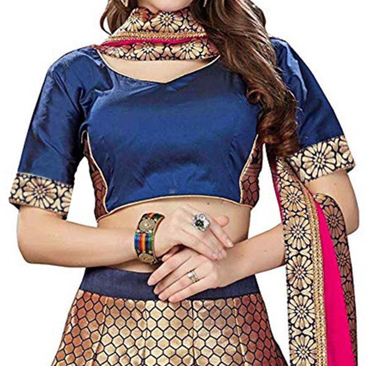 Magnetic Blue Colored Partywear Woven Banarasi Silk Jacquard Lehenga Choli