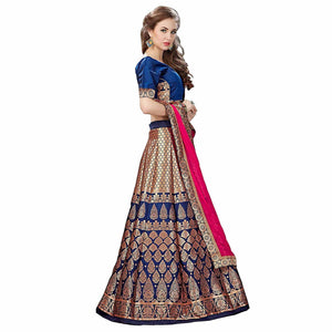Magnetic Blue Colored Partywear Woven Banarasi Silk Jacquard Lehenga Choli