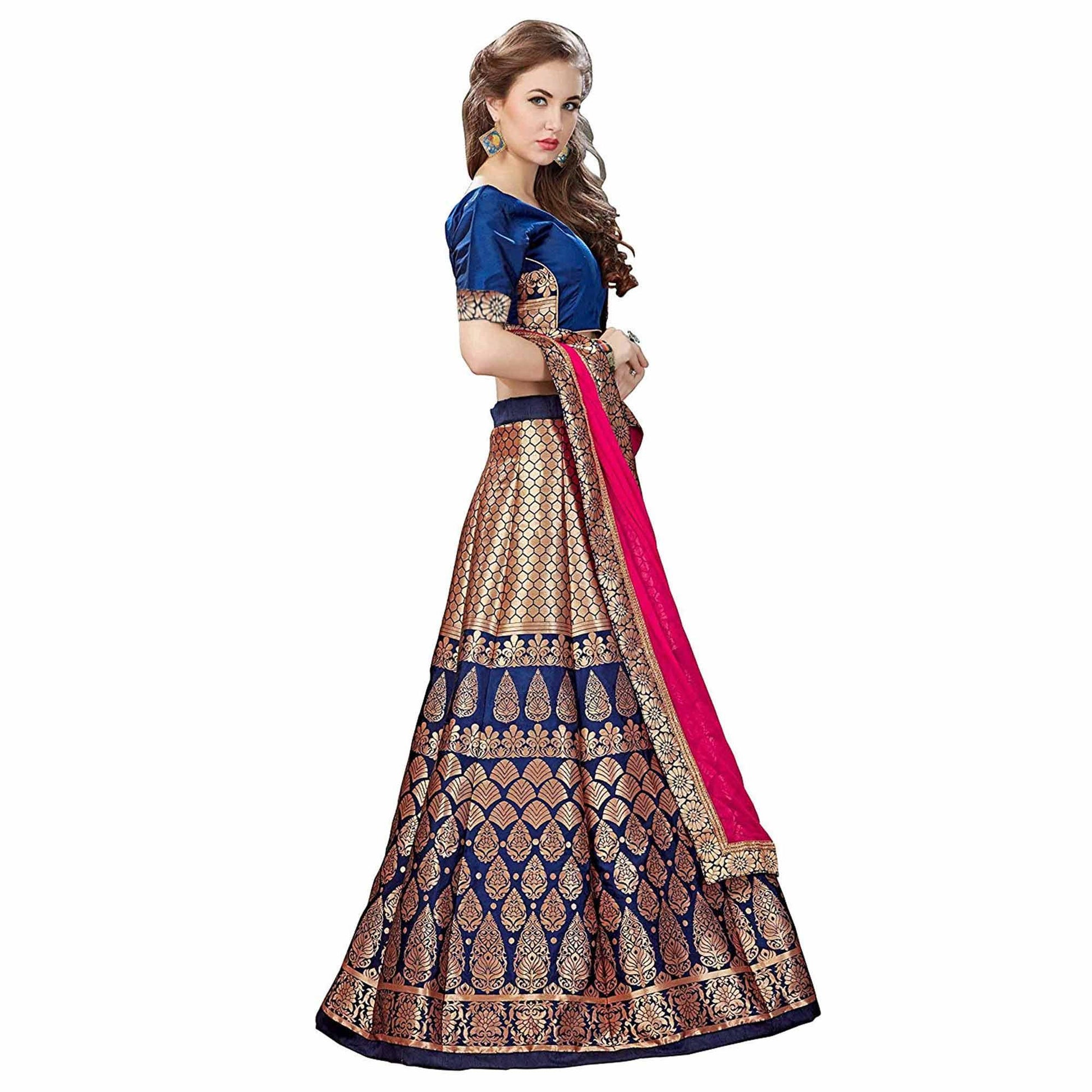 Magnetic Blue Colored Partywear Woven Banarasi Silk Jacquard Lehenga Choli