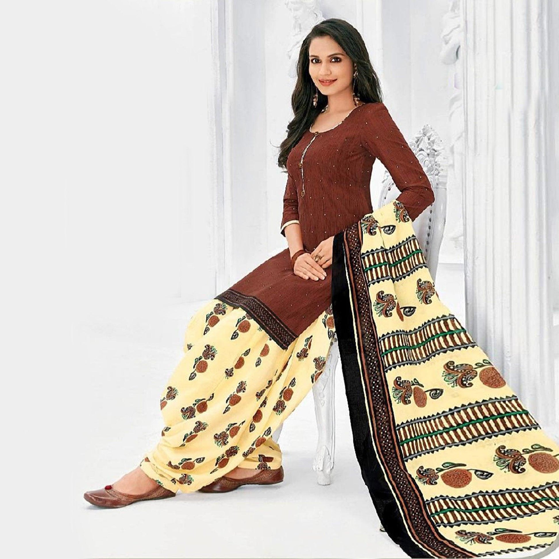 Magnetic Brown Colored Casual Wear Printed Cotton Stitched Patiala Suit