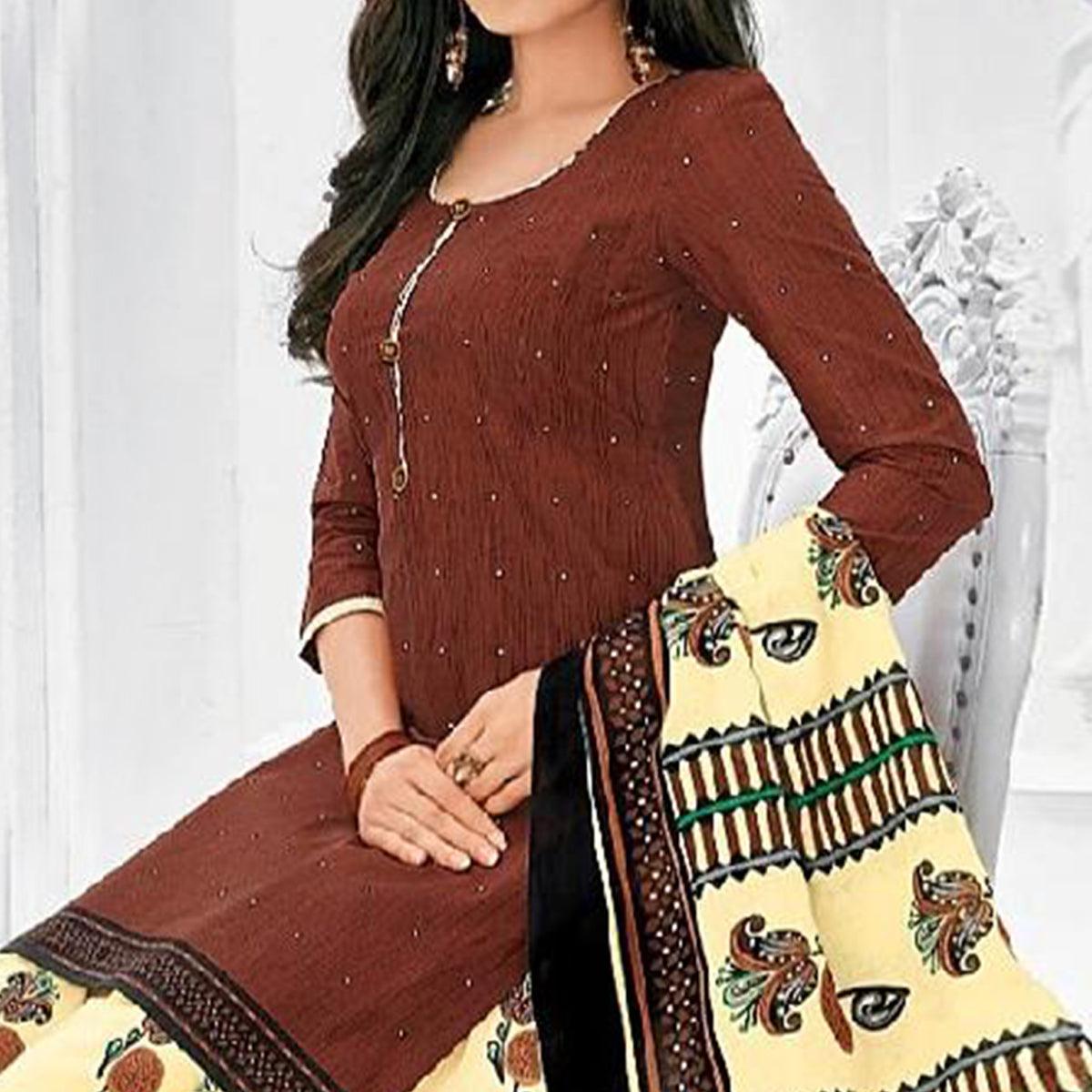 Magnetic Brown Colored Casual Wear Printed Cotton Stitched Patiala Suit