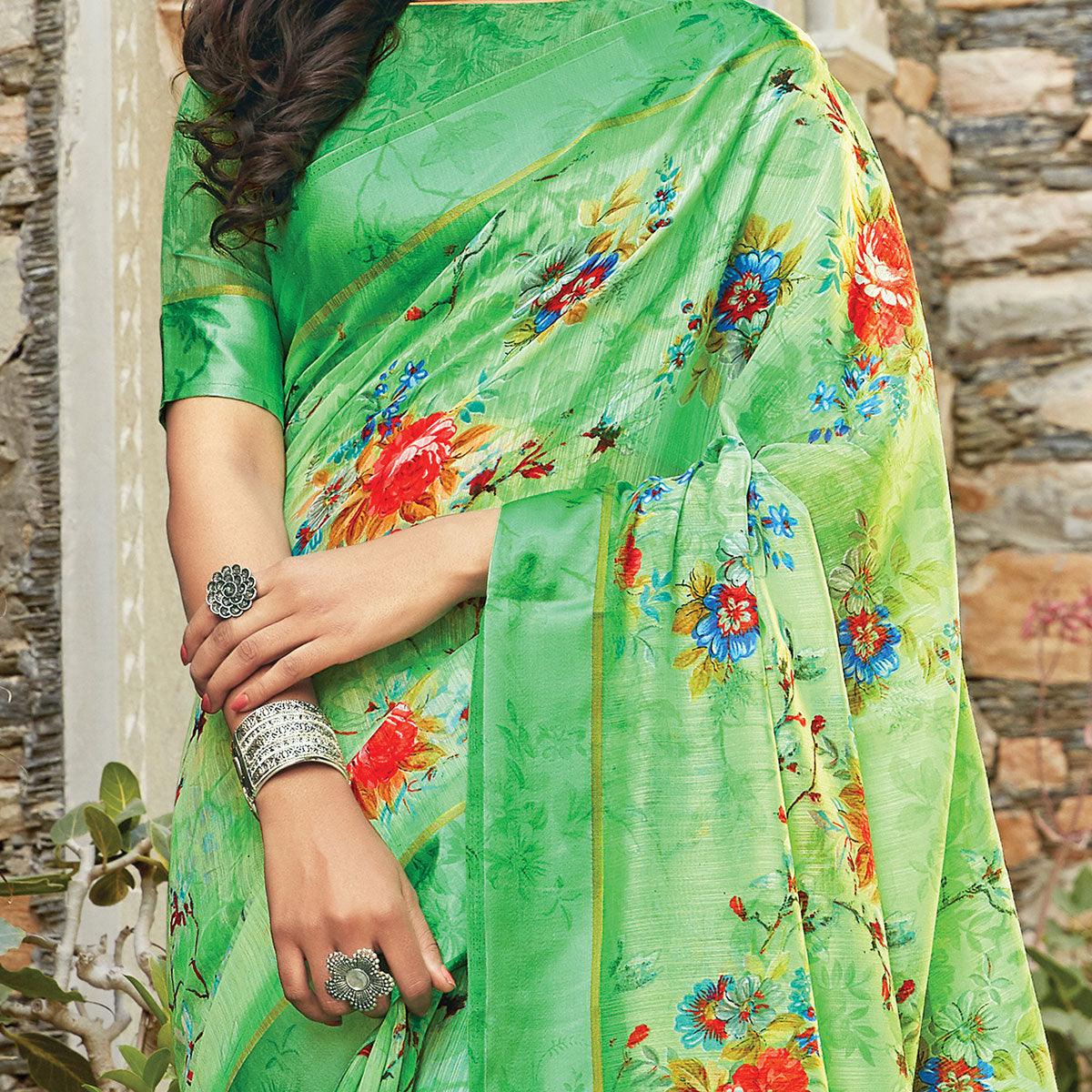 Magnetic Green Colored Casual Wear Printed Cotton Saree