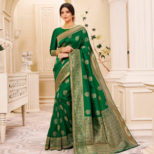 Magnetic Green Colored Festive Wear Woven Banarasi Silk Saree
