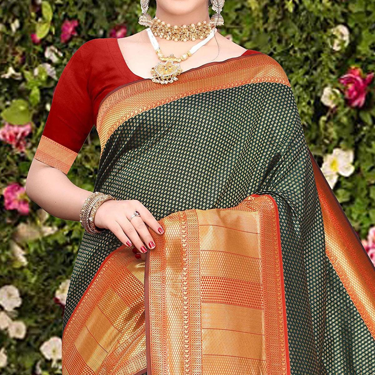Magnetic Green Colored Festive Wear Woven Banarasi Silk Saree